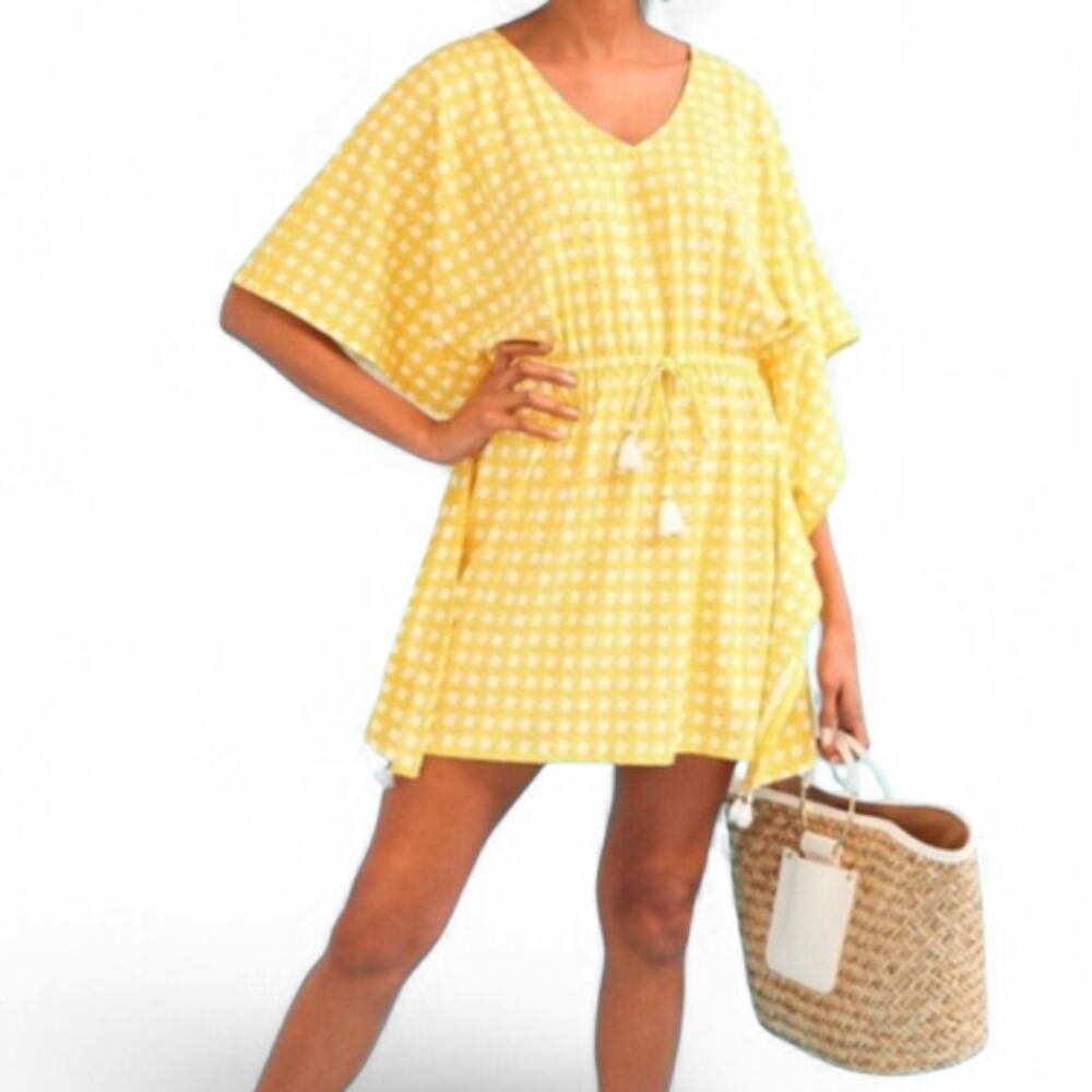 Talbots x Cabana Life Polka Dot Swim Cover Up Drawstring Waist Yellow White M